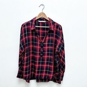 Zara Plaid Flannel V-Neck Popover Shirt